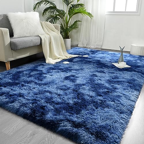 FlyDOIT Large Area Rugs for Living Room, 5x8 Feet Tie-Dyed Navy Blue Shaggy Rug Fluffy Throw Carpets, Ultra Soft Plush Modern Indoor Fuzzy Rugs for Bedroom Girls Kids Nursery Room Dorm Home Decor - color: Blue, size: 5' x 8' (Rectangular)
