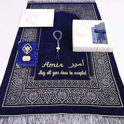 IEF Personalized Prayer Rug Quran Prayer Beads Islamic Gift Set, Ramadan Eid Wedding Birthday Mother's Day Father's Day Anniversary Day Gifts - color: Navy Blue with Bag