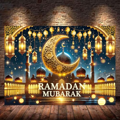 Ramadan Mubarak Backdrop Golden Crescent Moon Lanterns Mosque Banner Eid Mubarak Celebration Ramadan Decorations for Home Booth Prop (7X5FT) - size: 7X5FT