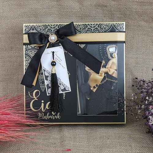 VHD Islamic Gift Box For Women, Prayer Gift Set for Muslim Woman | Quran, Shawl, Prayer Rug, Misbaha, Bookmark Box (Black) - color: Black