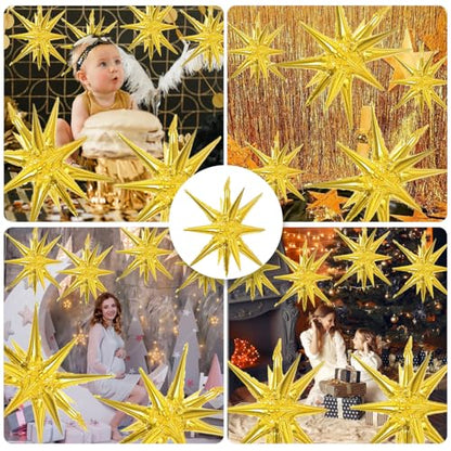 6 Pcs Gold Star Foil Balloons One-Piece 14-Pointed Star Balloon 4D Starburst Cone Mylar Balloon 22inch Christmas Birthday Wedding Wedding Anniversary Party Supplies (22&27 Inches Gold) - color: 22&27 Inches Gold