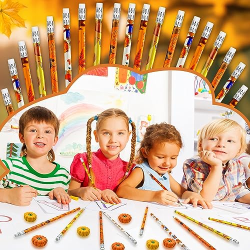 Cinrobiye 60 Pieces Fall Thanksgiving Day Pencils with Pumpkin Eraser Bulk Fall Party Favors Maple Leaf Autumn Pumpkins Pencils Erasers for Harvest School Party Teacher Rewarding Supplies - style: Mix60