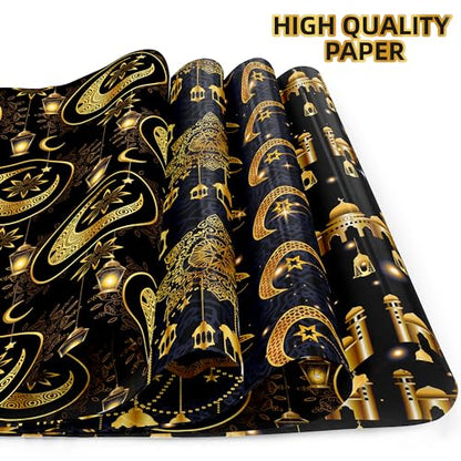 WGOCAUK 12 Sheets Eid Mubarak Wrapping Paper, 20x27in Moon Star Words Lantern Patterns Gift Wrap Paper Ramadan Kareem Wrapping Paper for Mubarak Party Gift Wrapping Supplies (Black) - color: Black