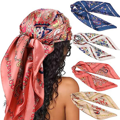 DRESHOW 35” Large Square Satin Head Scarf - 4Pcs Silk Accessories Classic Patterned Squares Beach Bandanas for Women - color: 4 Pcs: Navy, Pink, White, Beige