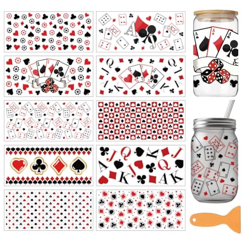 arricraft 10 Sheets Playing Cards Theme UV DTF Cup Wrap for 16OZ Glass, Hearts Spades Rub on Decals PVC Transfer Stickers for DIY Cups Window Home Printing Decoration 24x11cm/9.4x4.3inch - style: Playing Cards Theme