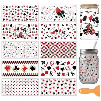 arricraft 10 Sheets Playing Cards Theme UV DTF Cup Wrap for 16OZ Glass, Hearts Spades Rub on Decals PVC Transfer Stickers for DIY Cups Window Home Printing Decoration 24x11cm/9.4x4.3inch - style: Playing Cards Theme