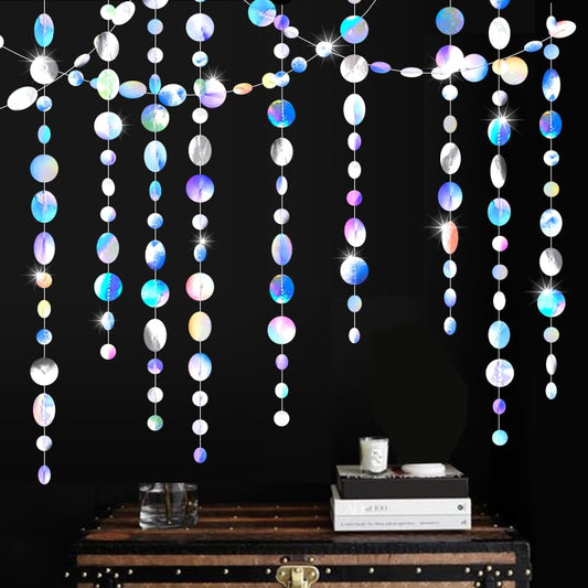 Glitter Iridescent Circle Dots Paper Garland Holographic Circle Dot Streamer 40 Feet Polka Dot Hanging Bunting Banner Backdrop for Birthday Wedding Baby Shower Graduation Party Decorations - color: Iridescent
