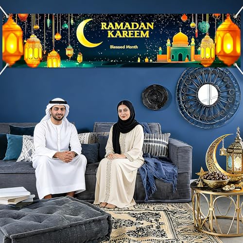 BlissYard Ramadan Eid Mubarak Party Backdrop Banner 78 X 12 Inch Muslim EID Mubarak Decoration Photo Booth Prop Photography Background Muslim Ramadan Kareem Eid Al Fitr Party Supplies