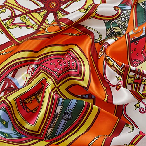 QBSM Womens 23.6 inch Satin Silk Feeling Formal Square Neck Scarf Head Hair Wraps Kerchief - color: Carriage Wheel-orange
