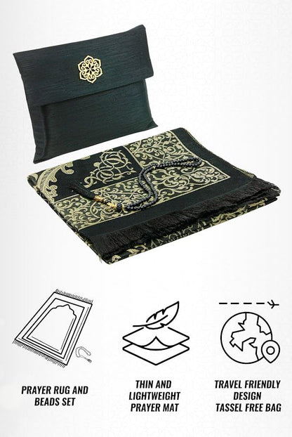 ihvan online Muslim Prayer Rug with 99 Beads Tasbih & Travel Bag, Soft Taffeta Sajadah, Lightweight & Foldable Janamaz, Portable Prayer Mat, Islamic Gift for Eid, Ramadan, Hajj & Umrah, Black - color: Black