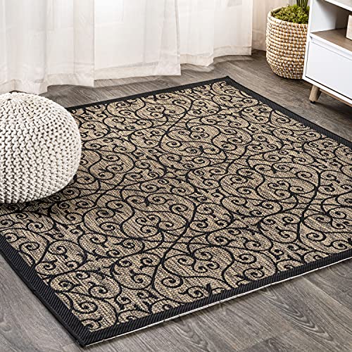 JONATHAN Y Vintage Filigree Indoor Outdoor Square Area Rug 4X4 Black/Khaki, Madrid Textured Weave for Backyard, Patio, Porch, Easy-Cleaning, High Traffic, Pet-Friendly, Non-Shedding (SMB107A-4SQ) - color: Black/Khaki, size: 3'11" x 3'11" (Square)
