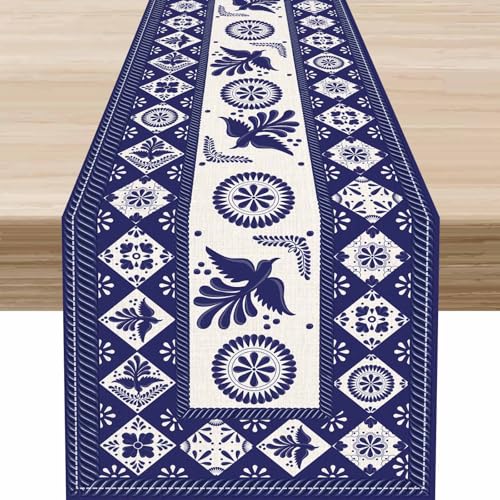 Floral Bird Mexican Table Runner,Mexico Talavera Dia De Los Muertos Blue Patchwork Tiles Kitchen Dining Table Decoration for Home Party Decor 13 x 36 Inch - color: Mexican Flowers-6, size: 13x36" Table Runner