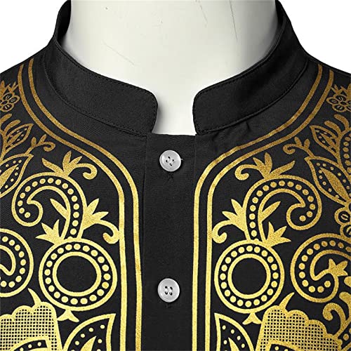 Kurta for Men Muslim Kaftan Button Up Henley Shirts Casual Ethnic Printed Long Sleeve Thobe Caftans Robes - color: Black, size: Small