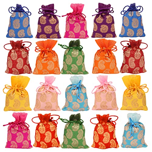 Touchstone Drawstring Bags Traditional Indian Handcrafted Fabric Perfect for Gifts Jewelry Weddings Pouches Purses Potli - color: 페이즐리_멀티컬러 (20개 팩), size: 3x3 inches