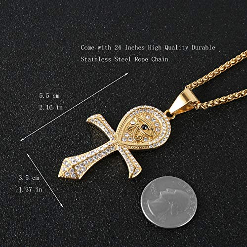 HZMAN CZ Eye of Horus Egypt Protection Pendant Coptic Ankh Cross Religious Stainless Steel Necklace - color: Gold