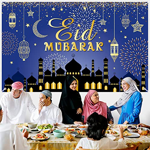 Large Eid Mubarak Party Decorations, Blue and Gold Ramadan Mubarak Backdrop Banner, Muslim Ramadan Banner Photo Booth Backdrop for Eid Mubarak Indoor and Outdoor Home Decor