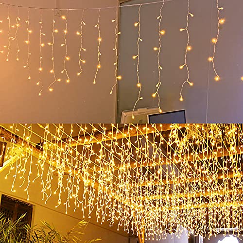 LED Icicle Lights, 8 Modes, 13FT 96 LEDs Christmas Short Curtain Fairy Hanging Ceiling Extendable Lights for Wedding Balcony Doorway Outdoor Indoor Decoration Warm White, 4M - size: 13FT