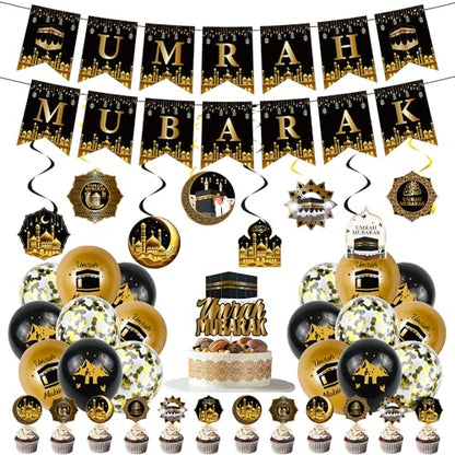 Ramadan Eid Umrah Mubarak Decorations - 41 Pcs Gold Black Eid Mubarak Party Balloons Banners Hanging Swirls Cake Cupcake Toppers Balloon for Lslamic Muslim Umrah Mubarak Festival Party Supplies