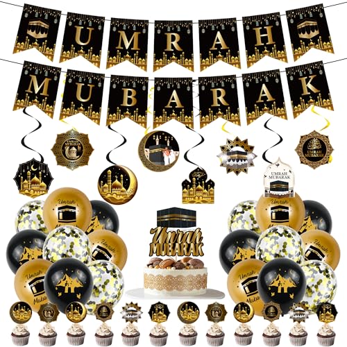 Ramadan Eid Umrah Mubarak Decorations - 41 Pcs Gold Black Eid Mubarak Party Balloons Banners Hanging Swirls Cake Cupcake Toppers Balloon for Lslamic Muslim Umrah Mubarak Festival Party Supplies