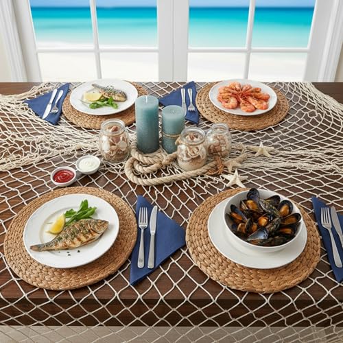 6 Pcs Natural Fish Net, 80 x 40 Inch Natural Cotton Fish Net Decorations, Ocean Themed Wall Hanging Fishing Nets for Sea Party, Beach Party, Wall Decor, Table Decor (Beige) - size: 6 Pcs