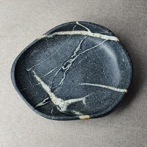 Natural River Stone Reptile Food Bowl - Handmade Pebble Dish for Reptiles, Amphibians, Hedgehogs, and Small Pets - Unique Size, Shape & Color - Water & Food Bowl (Black)