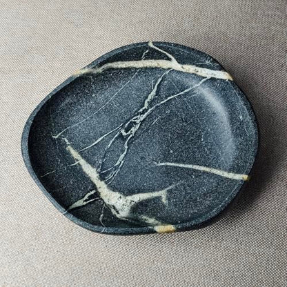 Natural River Stone Reptile Food Bowl - Handmade Pebble Dish for Reptiles, Amphibians, Hedgehogs, and Small Pets - Unique Size, Shape & Color - Water & Food Bowl (Black)