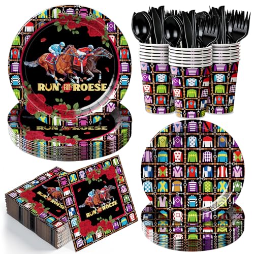 168pcs Derby Day Party Supplies Plates Napkins Disposable Tableware Set - style: Horse Racing