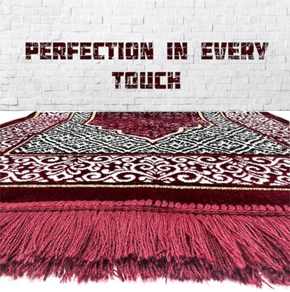 Velvet Islamic Prayer Rug Set (Thick Prayer Mat - 99 Tasbih Prayer Beads - Black Cotton Kufi Hat) Eid and Ramadan Gift for Muslims (Red) - color: Red