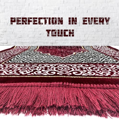 Velvet Islamic Prayer Rug Set (Thick Prayer Mat - 99 Tasbih Prayer Beads - Black Cotton Kufi Hat) Eid and Ramadan Gift for Muslims (Red) - color: Red