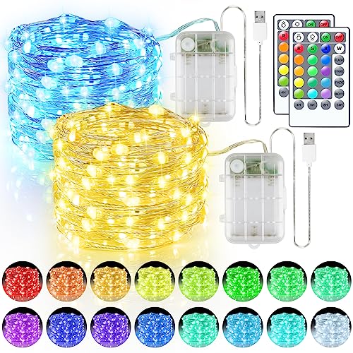 StarryEver 33ft 100LED Fairy Lights Battery Operated, 2 Pack 16.5ft 16 Color Changing String Lights with Remote Timer, RGB Waterproof Twinkle Lights for Indoor Outdoor Room Garden Yard Decor - color: Multicolor, size: 16.5ft 50LED-2 Pack