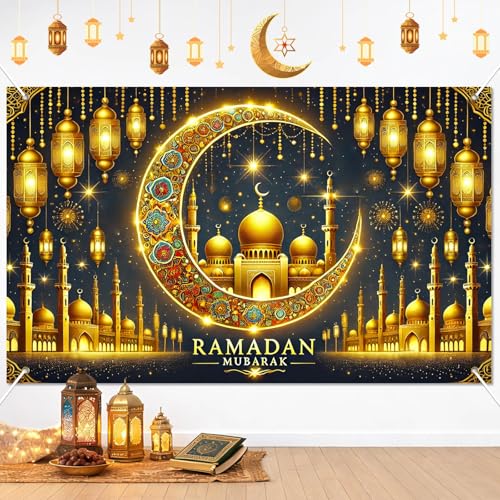BlissYard Ramadan Mubarak Banner Backdrop 71x43Inch Islamic Banner for Ramadan Decorations and Eid Mubarak Celebration Photo Background Muslim Home Party Mosque Wall Hanging Display Indoor Outdoor Use - color: Ramadan Decor#005