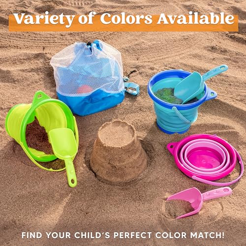 JOYIN 3 Packs Foldable Pail Bucket with Shovels & Mesh Bag, Collapsible Buckets Multi Purpose for Beach, Camping Gear, Beach Party, Fishing, and Fun Summer Activities (Blue/Pink/Green) - color: Blue/Pink/Green