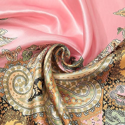 AWAYTR 35” Large Satin Square Head Scarf - 2Pcs Silk Like Floral Head Scarves Square Satin Hair Scarf Bandanas for Women - color: Cashew(pink+black)