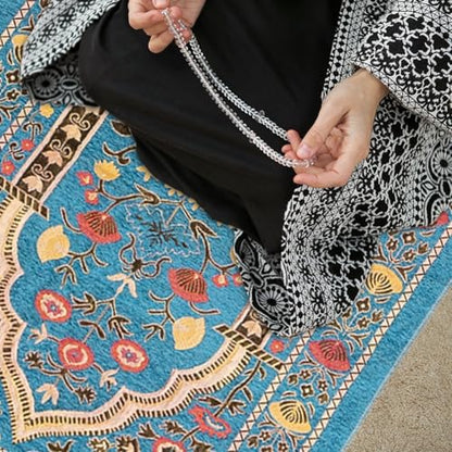 Muslim Prayer Rug, Soft Plush Thin Islamic Prayer Mat, Travel Janamaz, Sajada Tassel Praying Carpet, Ramadan Eid Hajj Gift - color: Blue