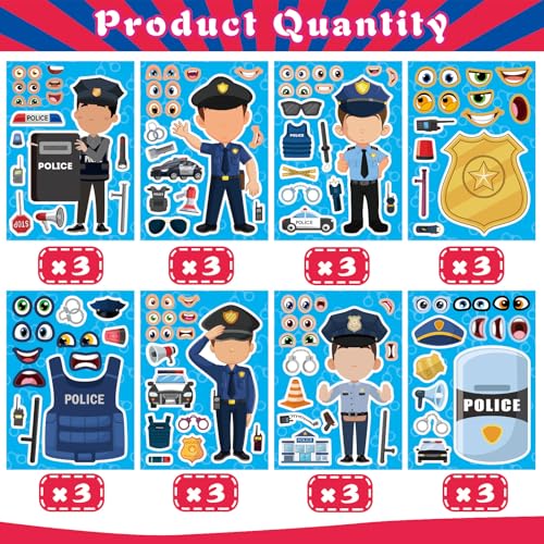 Make Your Own Policeman Stickers, Make-a-face Stickers, Educational Theme | 24 Sheets Goodie Bags Stuffers Gift for Kids, Birthday Party Favor School Classroom Teacher Reward - style: Policeman