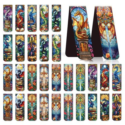 Dragon Sword Bookmark Magnetic Gifts - Wxiben 30 Pcs Stained Glass Window Dragon Bookmarks Magnets Fantastic Book Marks Page Marker Clip Gift for Women Men Students Teacher Reading Bookish - style: Dragon Sword