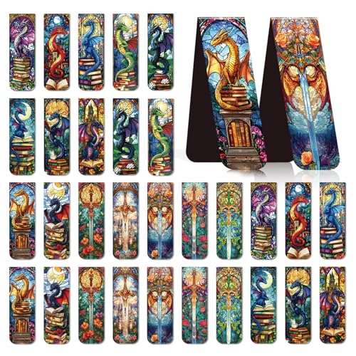 Dragon Sword Bookmark Magnetic Gifts - Wxiben 30 Pcs Stained Glass Window Dragon Bookmarks Magnets Fantastic Book Marks Page Marker Clip Gift for Women Men Students Teacher Reading Bookish - style: Dragon Sword