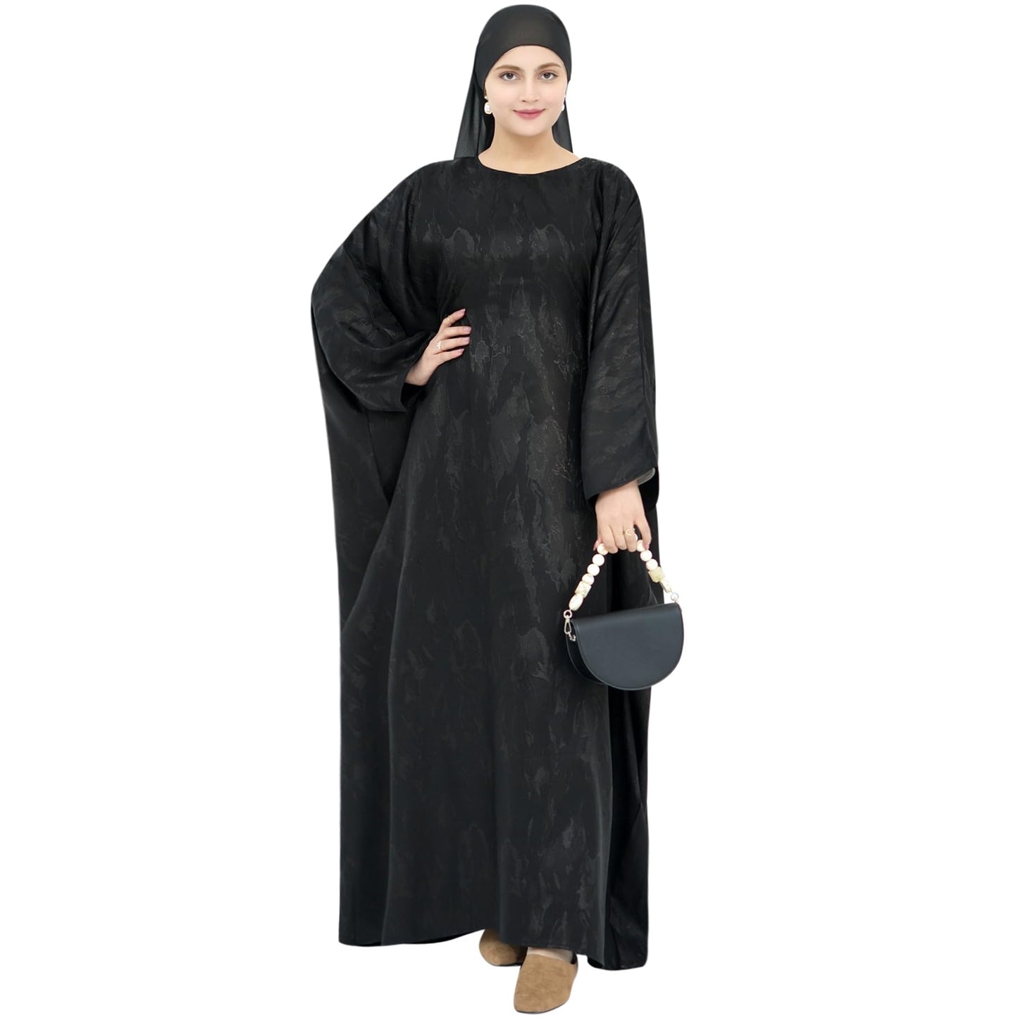 khalat Abaya Muslim Dress Women Satin Jacquard Prayer Dress Batwing Long Sleeve Islamic Dubai Robe with Chiffon Hijab - color: Black