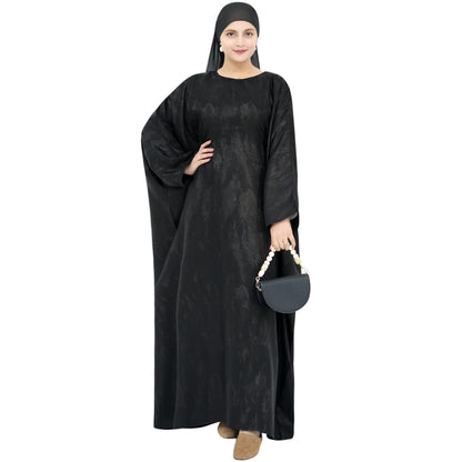 khalat Abaya Muslim Dress Women Satin Jacquard Prayer Dress Batwing Long Sleeve Islamic Dubai Robe with Chiffon Hijab - color: Black