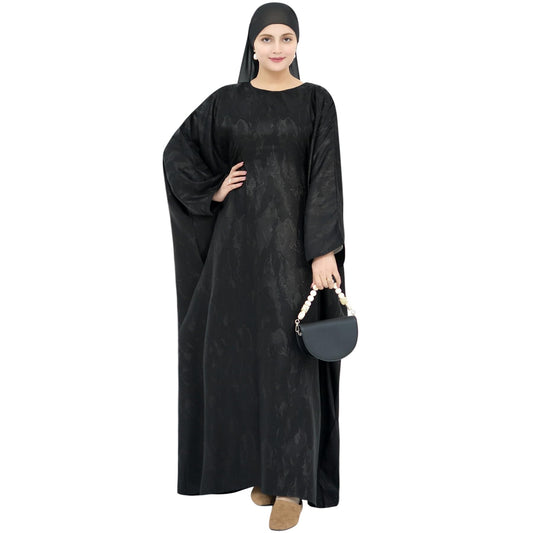 khalat Abaya Muslim Dress Women Satin Jacquard Prayer Dress Batwing Long Sleeve Islamic Dubai Robe with Chiffon Hijab - color: Black