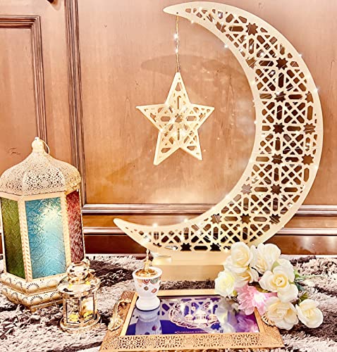 Eid Hilal 이슬람 장식 스트링 문 스타 조명 스탠드, 환영 야간 조명, 초승달 장식, 반짝이는 테이블 데코, LED 요정 조명이 있는 큰 나무 달 별 0.9m(3피트) 이상 (골드, 미디엄) - color: 골드., size: 미디엄
