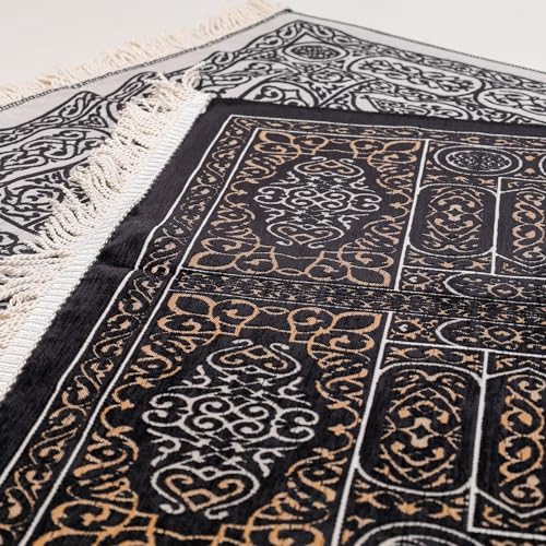 Mihrab Islamic Prayer Rug, Arabesque Velvet Janamaz and Sajadah | Geometric Motif, Black Prayer Mat with Gold Accents and Fringes, Elegant Turkish Namaz Rug for Men Women, 27 x 43 In - color: Black Kaaba Door
