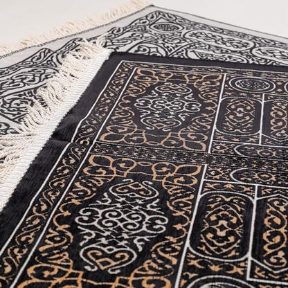Mihrab Islamic Prayer Rug, Arabesque Velvet Janamaz and Sajadah | Geometric Motif, Black Prayer Mat with Gold Accents and Fringes, Elegant Turkish Namaz Rug for Men Women, 27 x 43 In - color: Black Kaaba Door