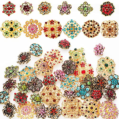 MTLEE 36 Pieces Rhinestone Brooches for Women Mixed Color Flower Brooches and Crystal Pins for Women Bulk Decorative Costume Jewelry Vintage Lapel Pins Wedding Bouquet Retro Gifts Kit Crafts