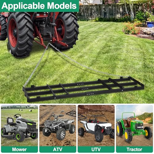 6 FT Drag Harrow Driveway Grader with 5 FT Chain | Tow Behind Lawn Rake for ATV, UTV, Tractor, Mower, Land Leveler for Gravel, Sand, Soil, Hay - size: 6 FT
