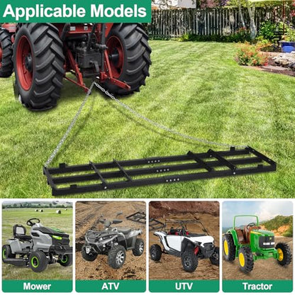 6 FT Drag Harrow Driveway Grader with 5 FT Chain | Tow Behind Lawn Rake for ATV, UTV, Tractor, Mower, Land Leveler for Gravel, Sand, Soil, Hay - size: 6 FT