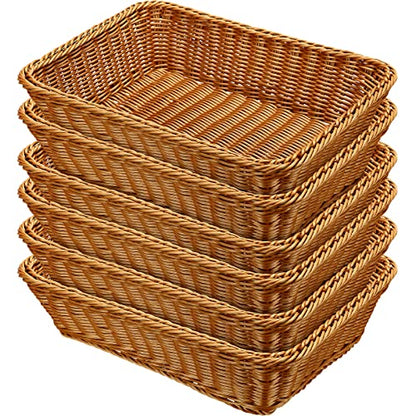Eccliy 6 Pack Wicker Bread Baskets Woven Serving Basket, 15.8 Inch | Poly Wicker Storage for Gift, Rectangle Rattan Display Trays for Bread Food Vegetables Fruit Snacks Tabletop Restaurant Home - size: 15.8 Inch