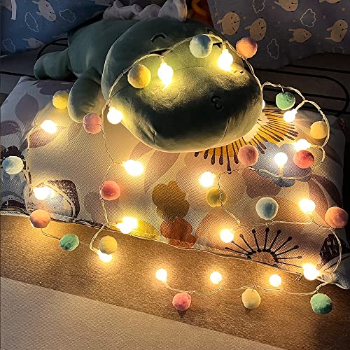 ChiRee Pom Poms 요정 조명 - 1.9m(6.56피트), LED 20개, 배터리 작동, 가정, 침실, 어린이 놀이방, 휴일, 크리스마스용 웜 화이트 글로브 조명 - color: 핑크와 블루.