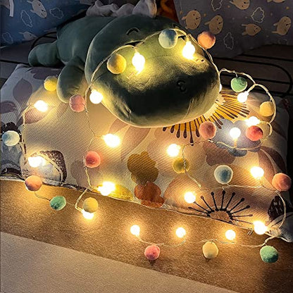 ChiRee Pom Poms 요정 조명 - 1.9m(6.56피트), LED 20개, 배터리 작동, 가정, 침실, 어린이 놀이방, 휴일, 크리스마스용 웜 화이트 글로브 조명 - color: 핑크와 블루.