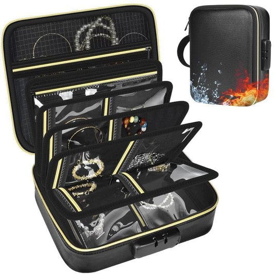 Fireproof Travel Jewelry Organizer Case with Lock & 6 Binder Pages - color: Dark Blue, size: 5.92 liters